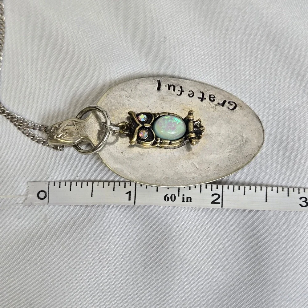 Spoon Pendant Necklace, Owl Charm, Iridescent stone/rhinestones,‎ 28